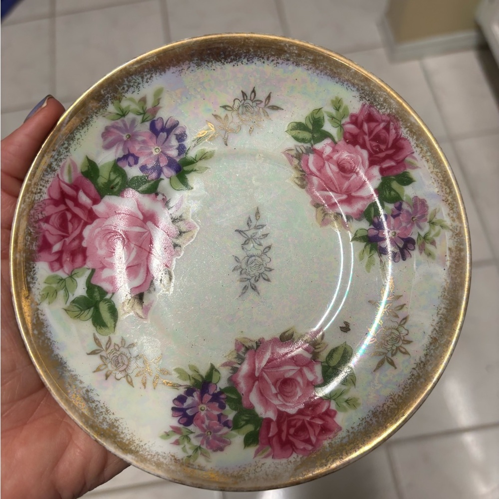 Vintage Royal Halsey Very Fine China Saucer - Pink Roses Lusterware Japan